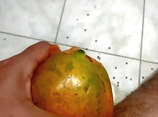amateur Enjoying a breakfast of papaya with milk 🤤 cum tribute handjob